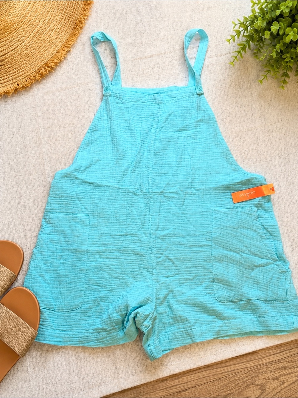 Colsie Aqua Gauze Romper XL Sleeveless Beachy Summer Overalls NWT